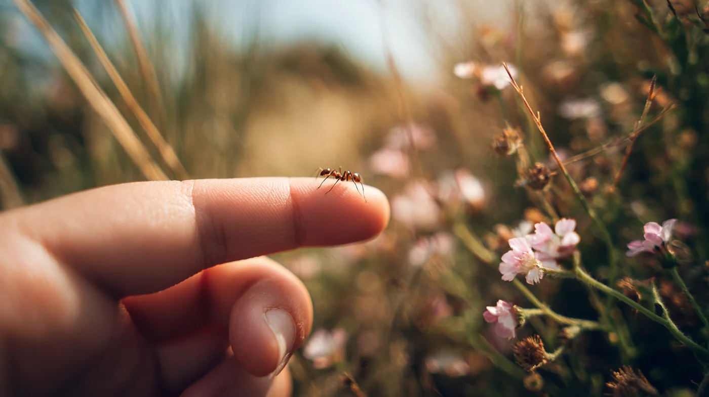 An ant on a fingertip among wildflowers
