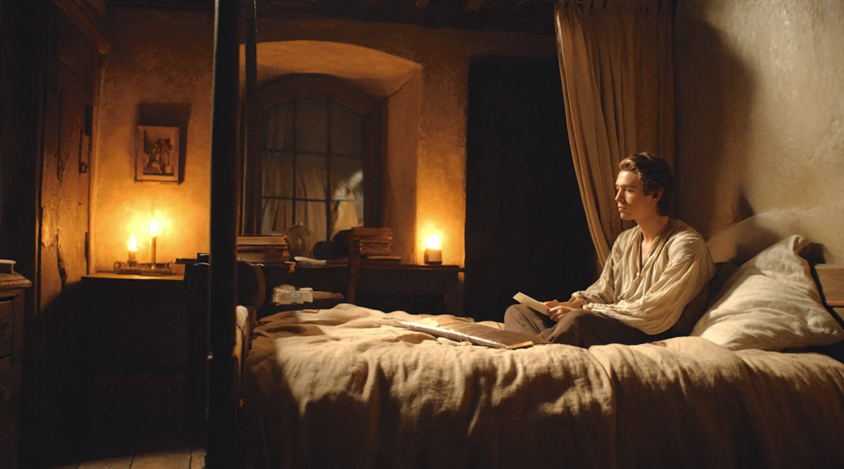 A candlelit bedroom in the middle of the night