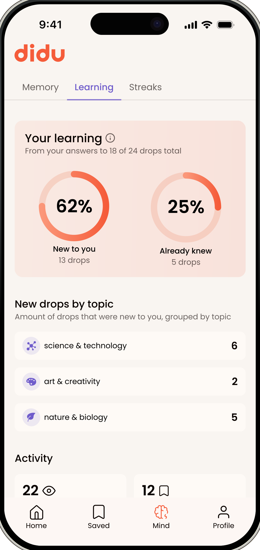 Learning insights showing 62% new knowledge from daily drops