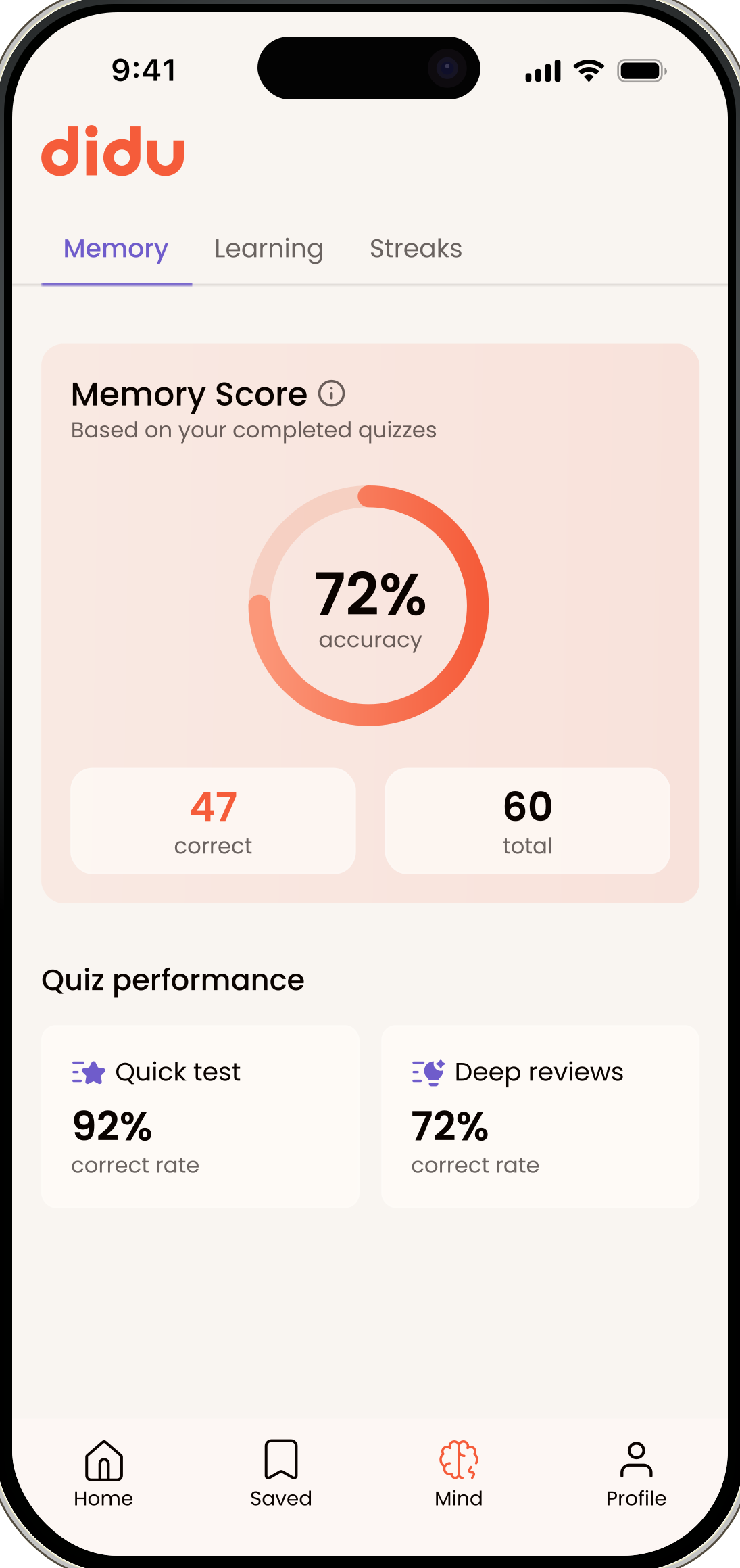 Memory Score showing 72% accuracy from completed quizzes