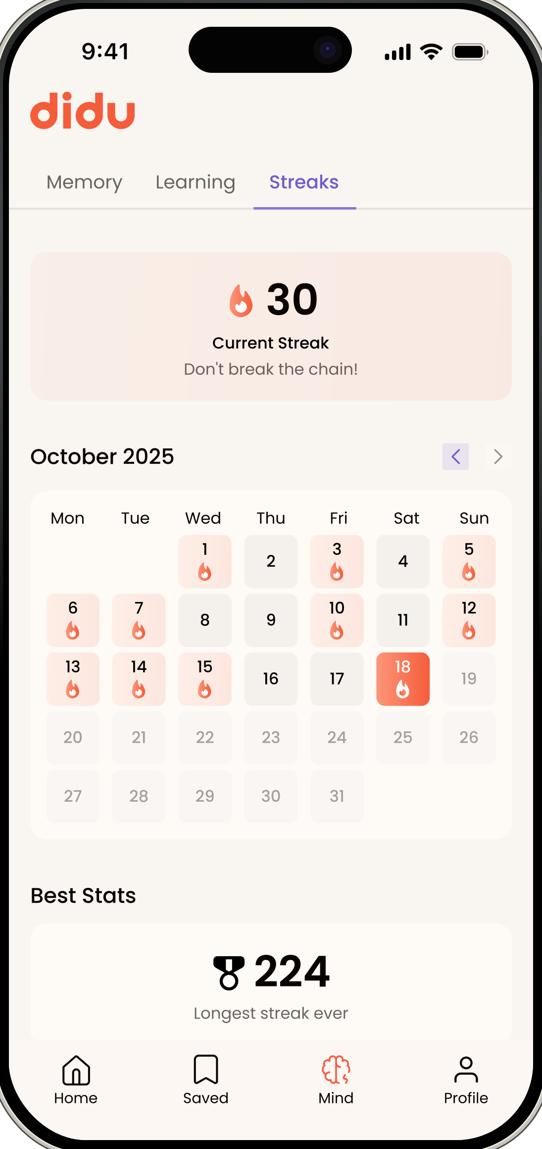 Daily streak calendar with 30 day streak
