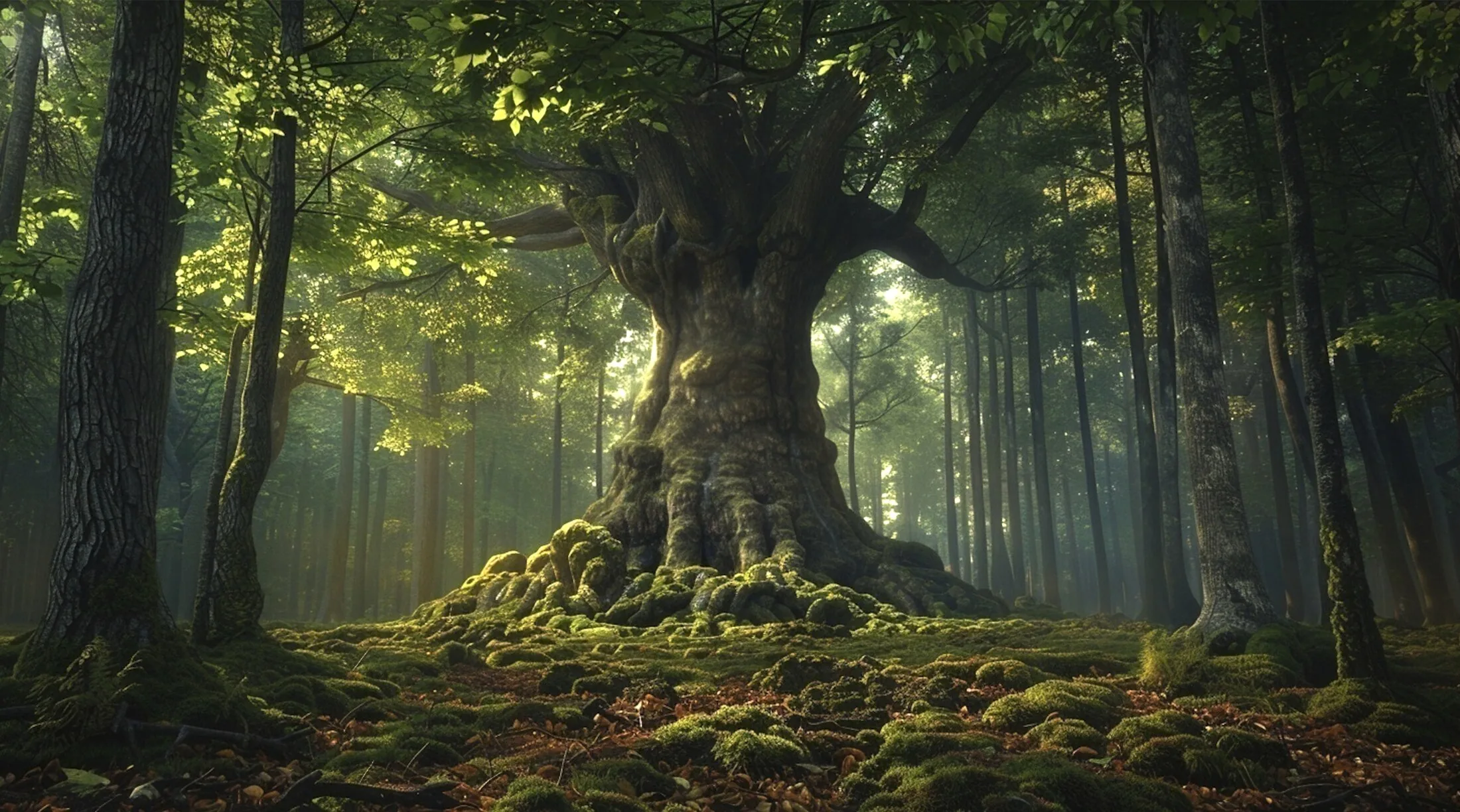 An ancient tree in a sunlit forest